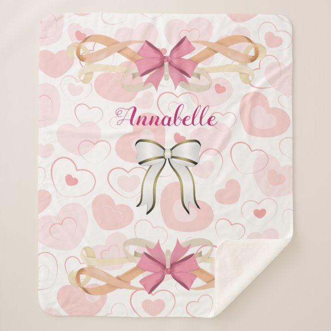 Pastel Hearts with Victorian Ribbon Personalise Sherpa Blanket (Front)