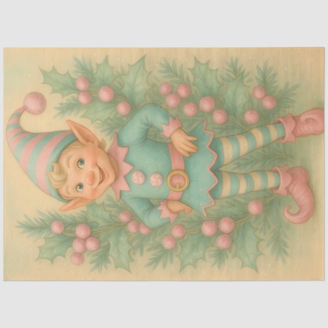 Pastel Holly Christmas Elf Decoupage Tissue Paper (Front)