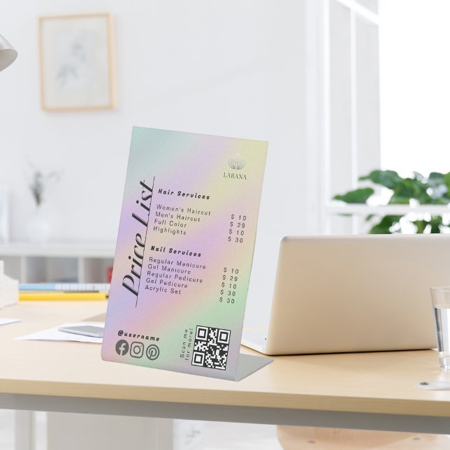 Pastel Holographic Aesthetician Price List Menu  Pedestal Sign (Pastel Holographic Esthetician Price List Menu Pedestal Sign)