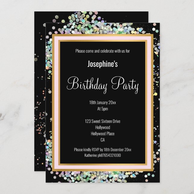 PASTEL HOLOGRAPHIC DOUBLE BLACK PINK GOLD BIRTHDAY INVITATION (Front/Back)