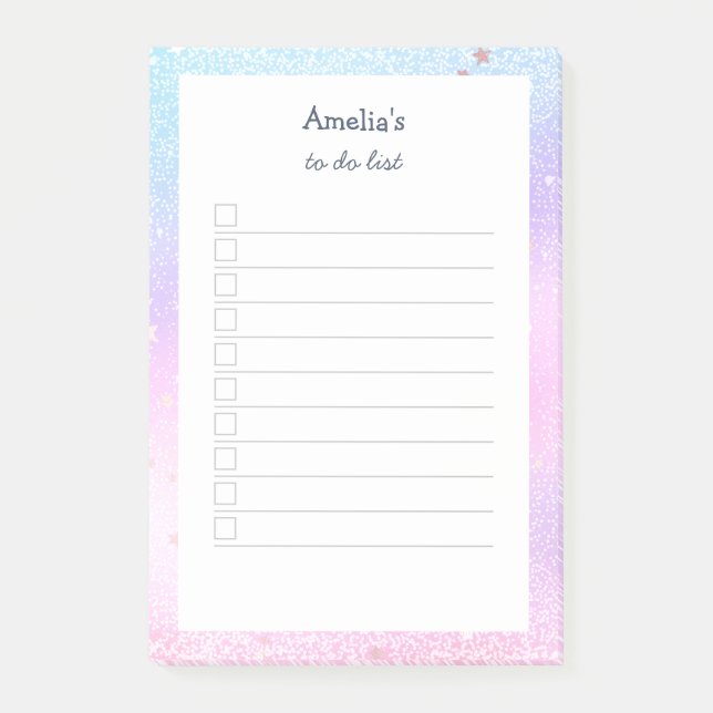 Pastel Holographic Glitter Stars Lined To Do List Post-it Notes (Front)