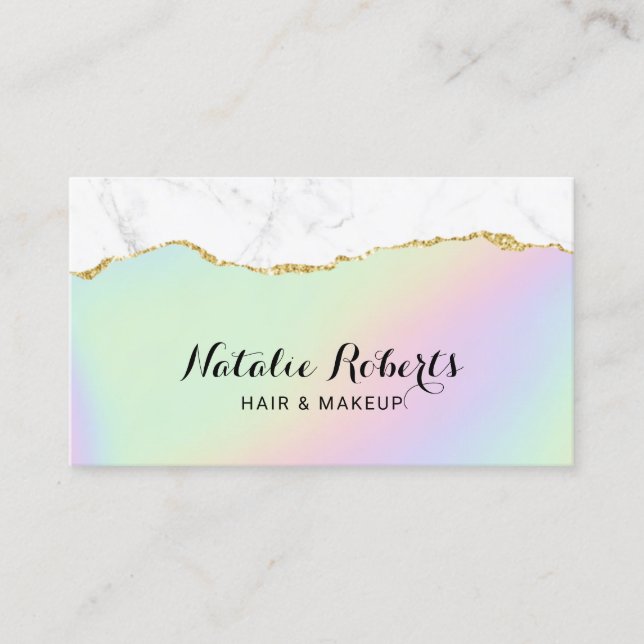 Pastel Holographic Gold Marble Beauty Salon Business Card (Front)