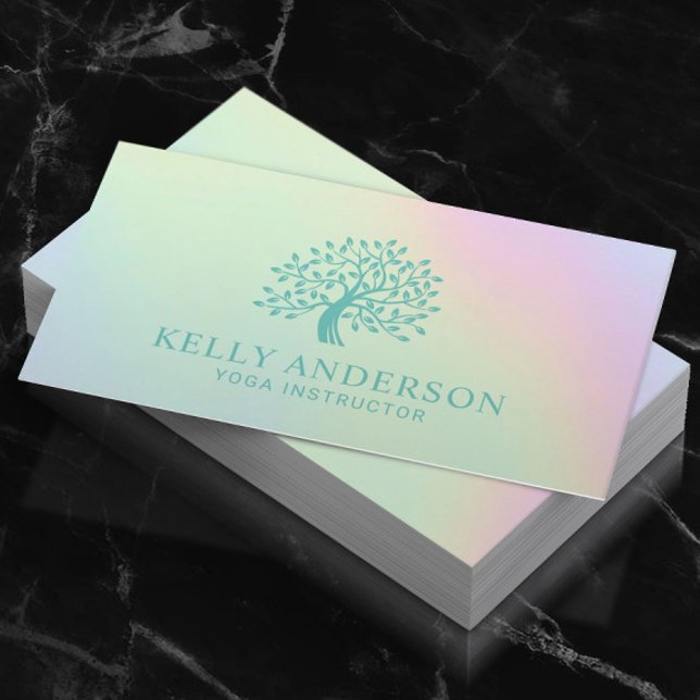 Pastel Holographic Yoga Instructor Tree Logo Business Card (Creator Uploaded)