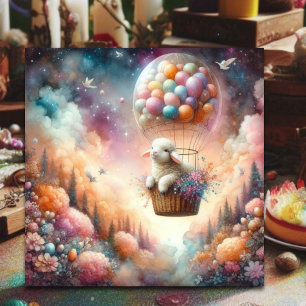 Pastel Hot Air Balloon Easter Lamb Christian  Holiday Card