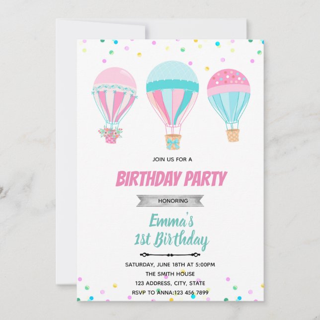 Pastel hot air balloon invitation (Front)