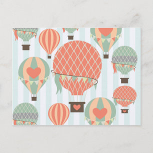 Pastel Hot Air Balloons Rising on Blue Stripes Postcard