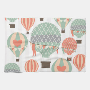Pastel Hot Air Balloons Rising Pink Striped Sky Tea Towel