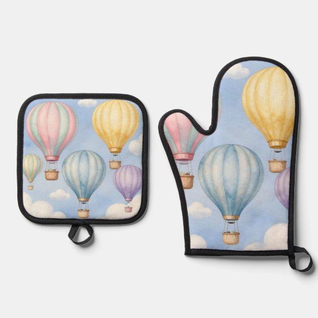 Pastel Hot Air Balloons Sky Oven Mitt & Pot Holder Set (Front)