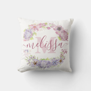 Pastel hydrangea wreath personalised cushion