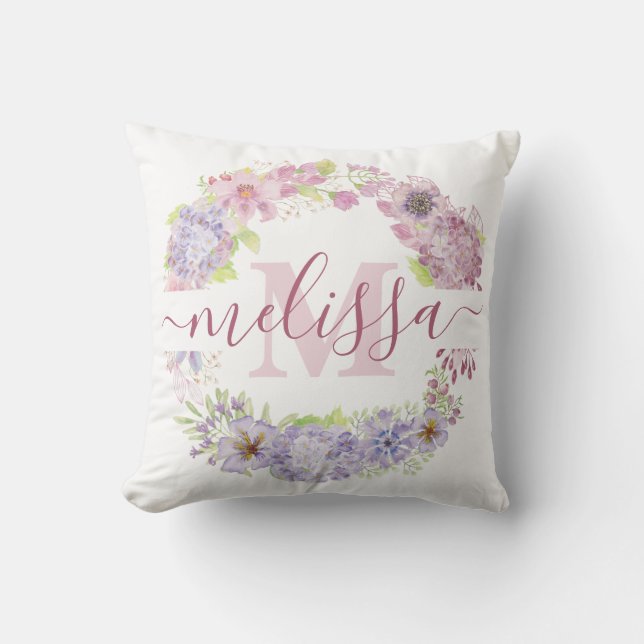 Pastel hydrangea wreath personalised cushion (Front)