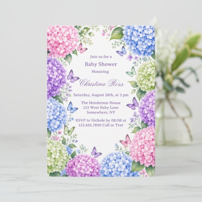 Pastel Hydrangeas and Butterfly Baby Shower Invitation (Standing Front)