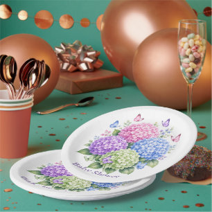 Pastel Hydrangeas and Butterfly Baby Shower Paper Plate