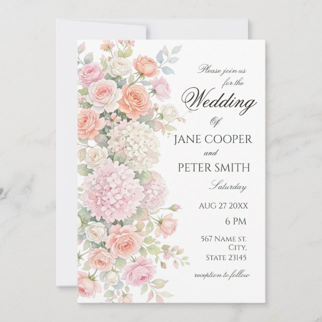 Pastel hydrangeas and roses. Budget Wedding Invitation (Front)