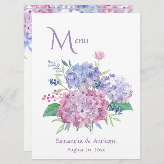 Pastel Hydrangeas Wedding Menu (Front/Back)