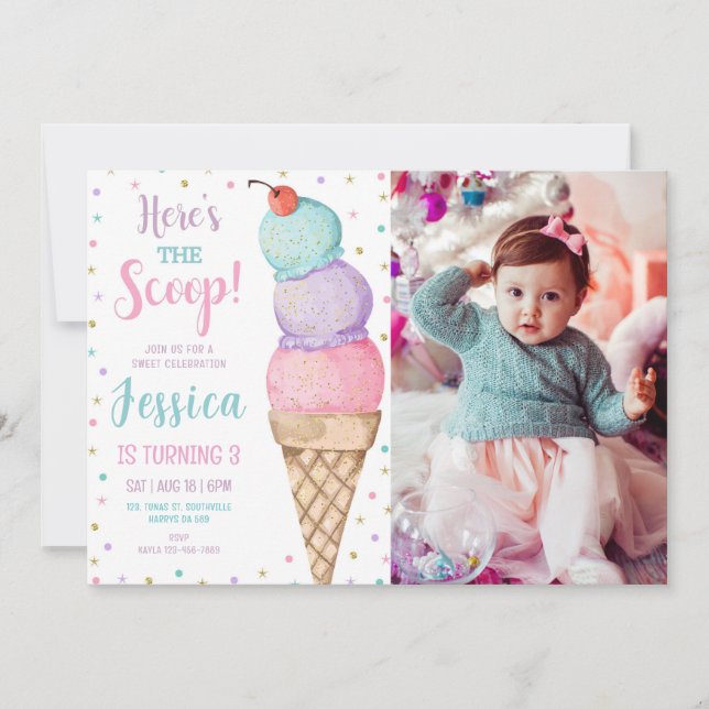 Pastel Ice Cream Birthday Photo Invitation (Front)