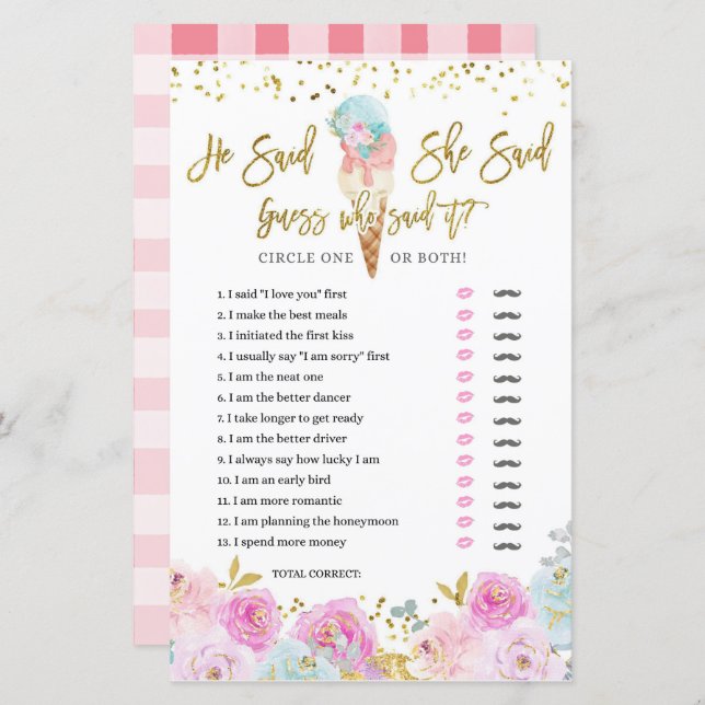 Pastel Ice Cream Floral He said She said Game Card (Front/Back)