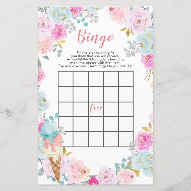 Pastel Ice cream flowers baby shower Bingo Game (Front)