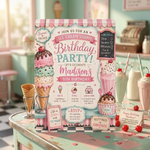 Pastel Ice Cream Shoppe Birthday Vintage Invitation