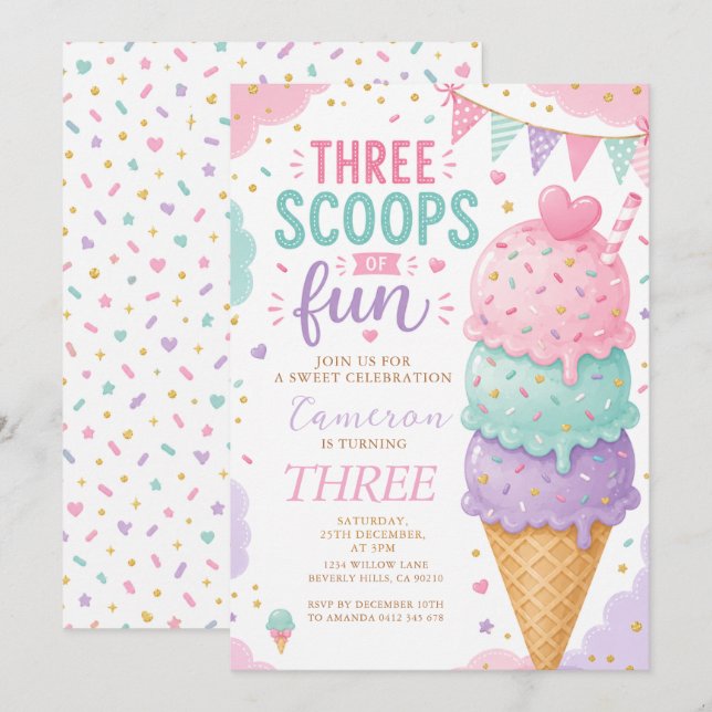 Pastel Ice Cream Three Scoops of Fun Birthday Invitation (Front/Back)