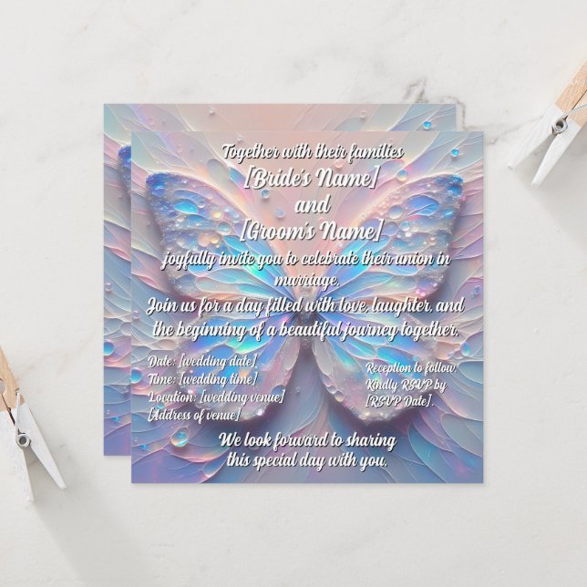 pastel impasto modern butterfly wedding invitation (Front/Back In Situ)