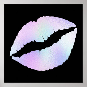 Pastel Iridescent Foil Lipstick Kiss on Black Poster
