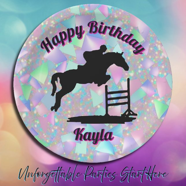 Pastel Iridescent Happy Birthday Horse Girl Paper Plate (Horse Birthday)