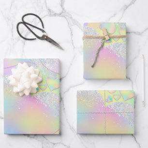 Pastel Iridescent Heart Patterned Wrapping Paper Sheet