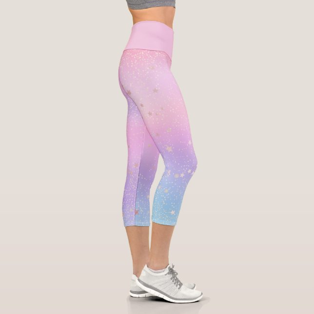 Pastel Iridescent Holographic Glitter Stars Galaxy Capri Leggings (Right)
