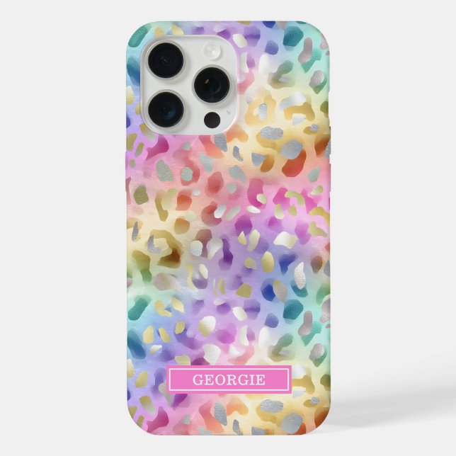 Pastel Iridescent Leopard Print Monogrammed iPhone Case (Back)
