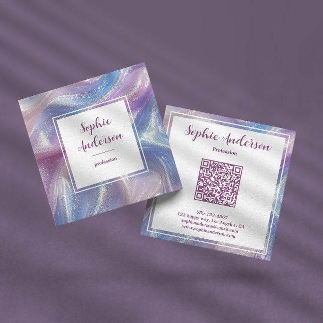 Pastel Iridescent Marble with Qr Code Square Business Card (Creator Uploaded)