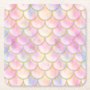 Pastel Iridescent Mermaid Scales Pattern Square Paper Coaster