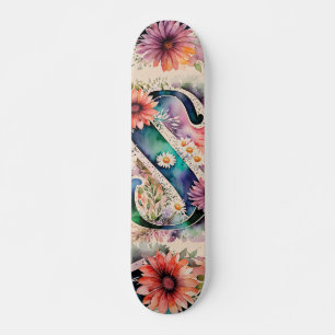 Pastel & Jewel Tone Watercolor Flowers Monogram S Skateboard