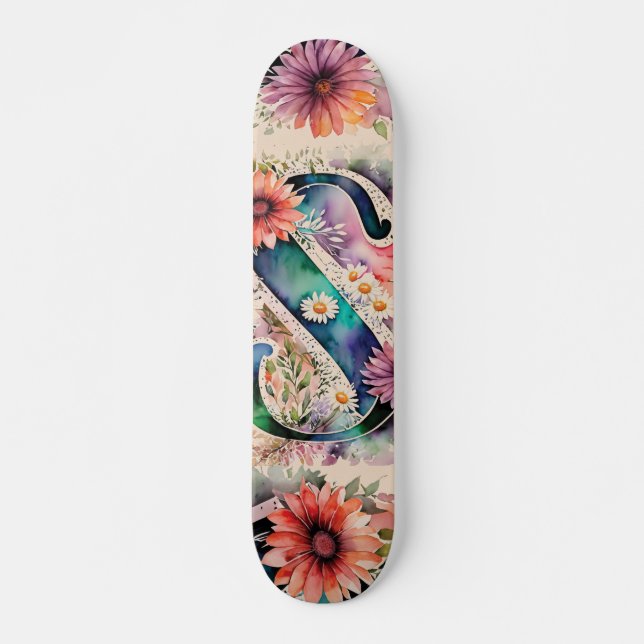 Pastel & Jewel Tone Watercolor Flowers Monogram S Skateboard (Front)