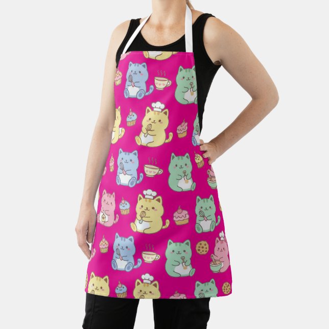 Pastel Kawaii Baking Cats Seamless Pattern Kitchen Apron (Insitu)