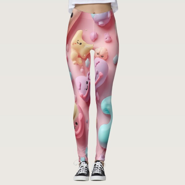 Pastel Kawaii Candy Character Art Leggings (Front)