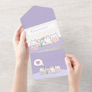 Pastel Kawaii Cat Fiends Greeting Cartoon Doodle All In One Invitation