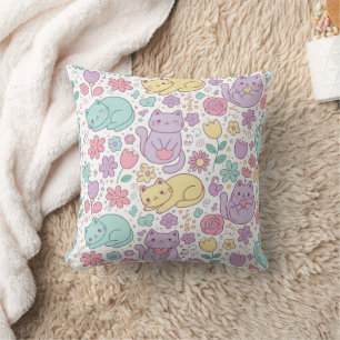 Pastel Kawaii Cats and Flowers Decorative Cushion