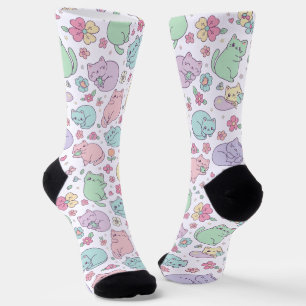 Pastel Kawaii Cats and Spring Flowers Pattern  Socks