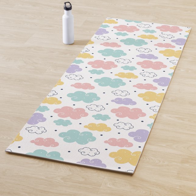 Pastel Kawaii Cloud Pattern Yoga Mat (In Situ)