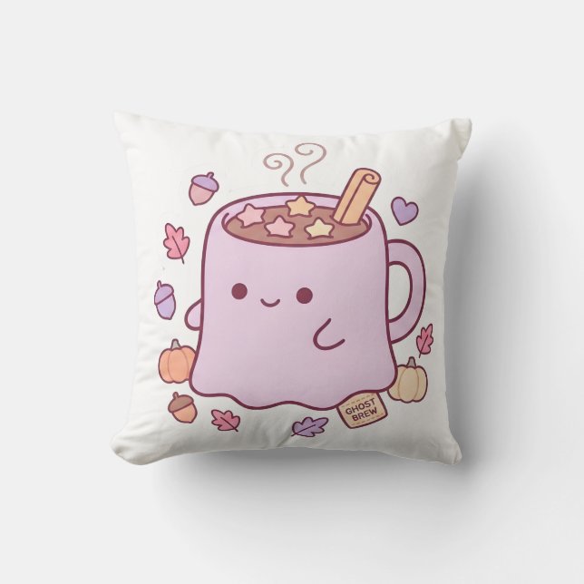 Pastel Kawaii Ghost Brew Cute Autumn Throw Pillow (Front)