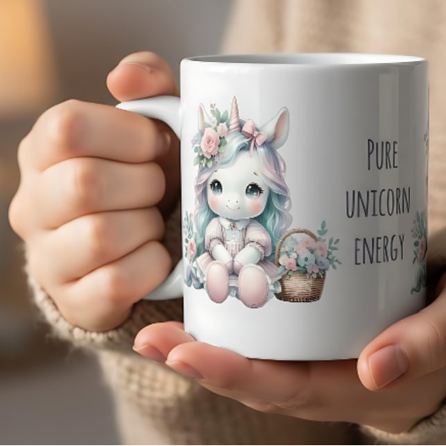 Pastel Kawaii Unicorn Doll with Flower Basket Coffee Mug (Pastel Kawaii Unicorn Doll with Flower Basket Coffee Mug)