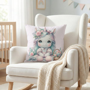 Pastel Kawaii Unicorn Doll with Flower Basket Cushion