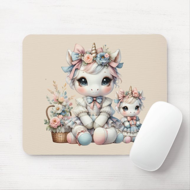 Pastel Kawaii Unicorn Mother Daughter Duo Beige Mouse Pad (With Mouse)