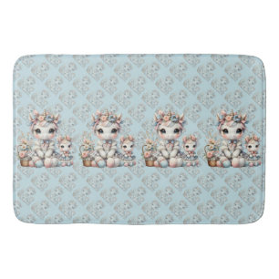 Pastel Kawaii Unicorn Mother Daughter Duo Blue Bath Mat