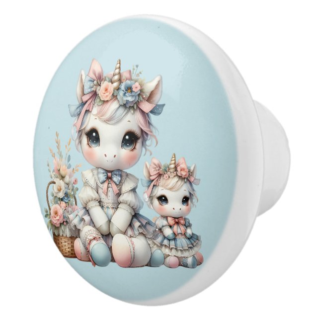Pastel Kawaii Unicorn Mother Daughter Duo Blue Ceramic Knob (Right)