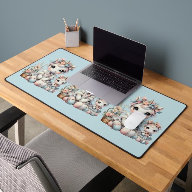 Pastel Kawaii Unicorn Mother Daughter Duo Blue Desk Mat (Office 2)
