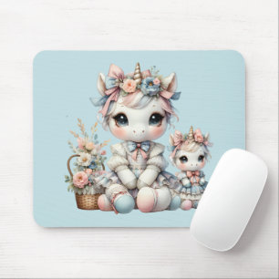Pastel Kawaii Unicorn Mother Daughter Duo Blue Mouse Pad