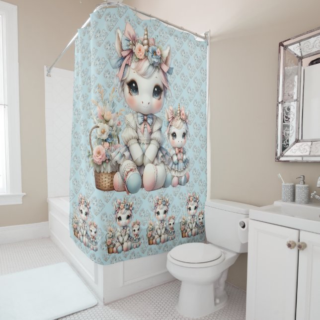 Pastel Kawaii Unicorn Mother Daughter Duo Blue Shower Curtain (In Situ)