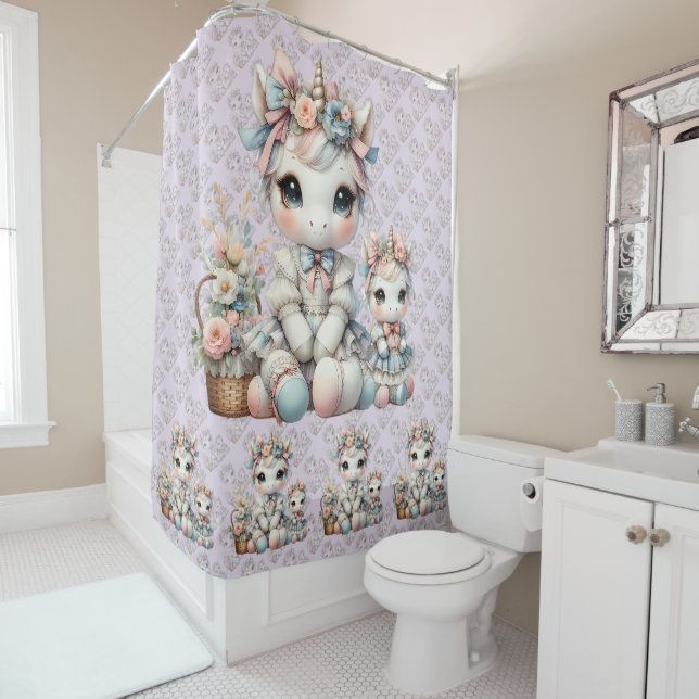 Pastel Kawaii Unicorn Mother Daughter Duo Lavender Shower Curtain (In Situ)