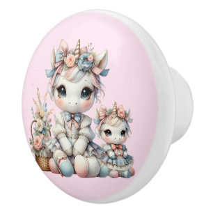 Pastel Kawaii Unicorn Mother Daughter Duo Pink Ceramic Knob